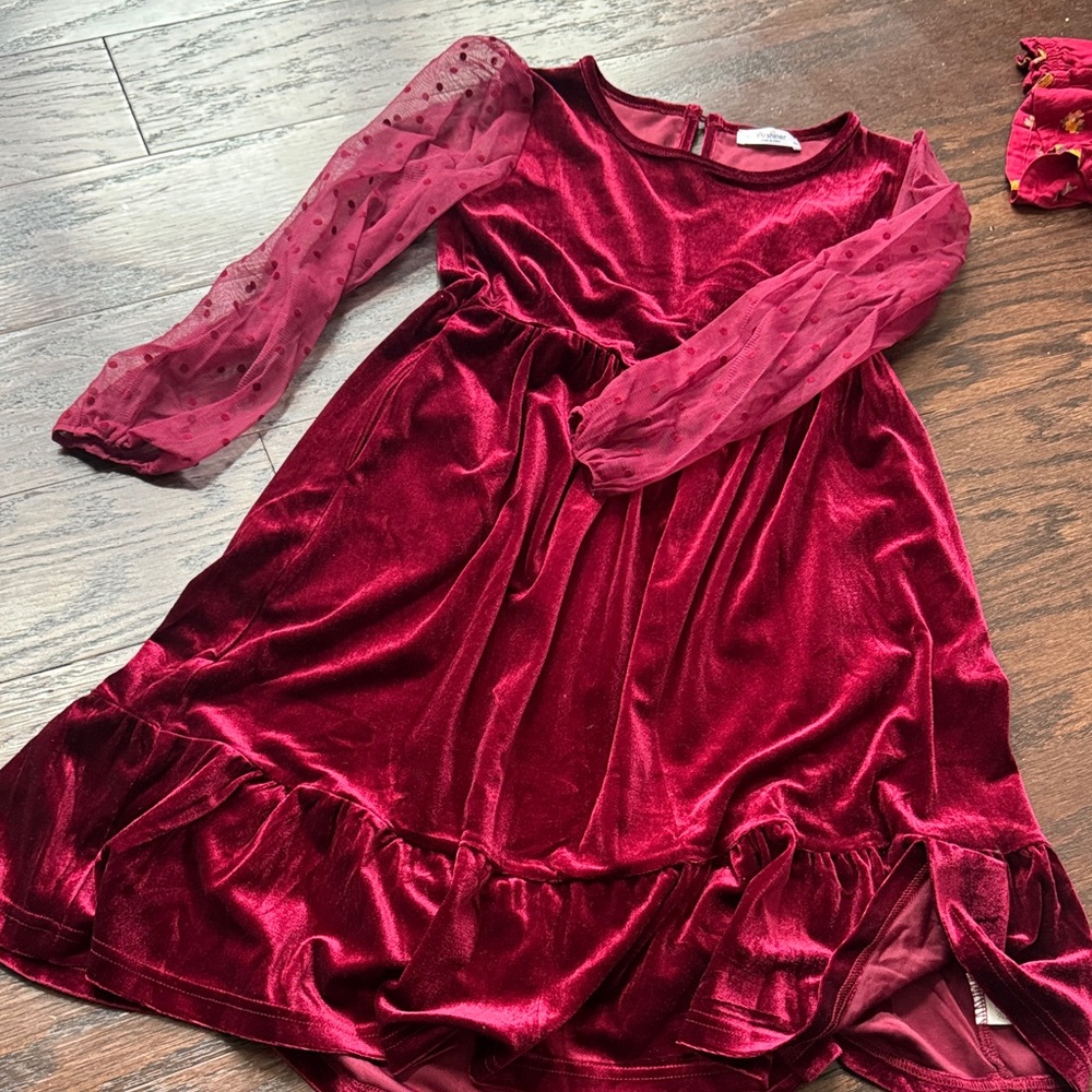 Girls' Velvet Party Dress with Sheer Polka Dot Sleeves - Wine